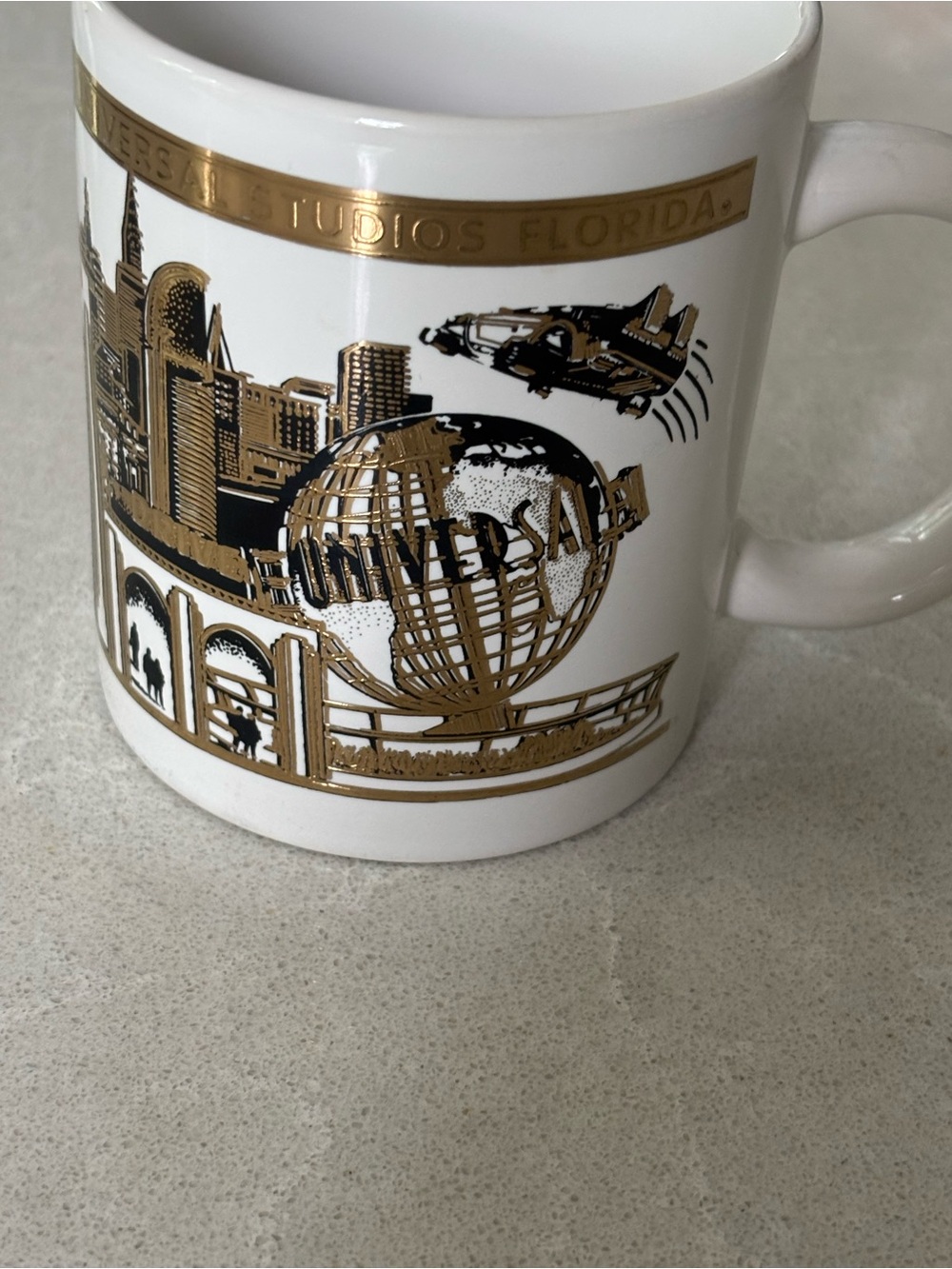 Vintage 90s Universal Studios Florida Ceramic Coffee Mug 22K Gold Skyline